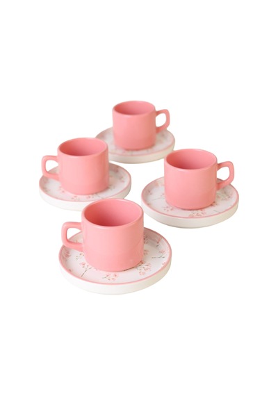 Keramika Minimal Çiçek Çay Takımı 4 Kişilik 3 Adet Çok Renkli