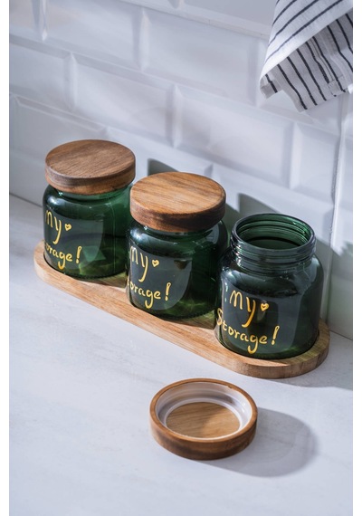 Acar 7937 Pierre 3 Lü Akasya Ahşap Kapak Ve Tepsili Kavanoz Seti 12 Cm - Dark Green Yeşil