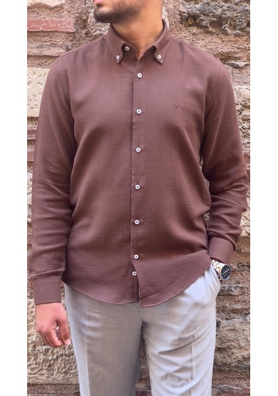 Slim Fit Uzun Kol Müslin Pamuk Rahat Nefes Alabilen Kumaştan Yaka Düğmeli Hediye Kutulu Erkek Gömlek Fs-004202 - Kahverengi-2866