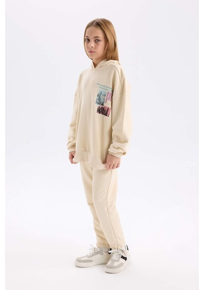 DeFacto 	Kız Çocuk 2'li Takım Bisiklet Yaka Baskılı Sweatshirt Beli Lastikli Jogger Eşofman Altı D4057A824WNER42 Ekru
