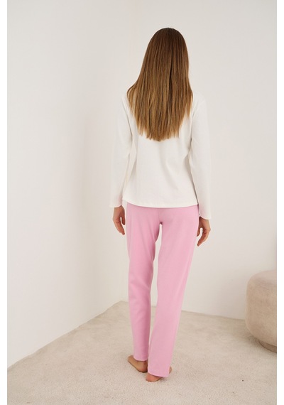 Siyah İnci Pamuklu Fitilli Kaşkorse Örme Pijama Takım25226013 Pembe