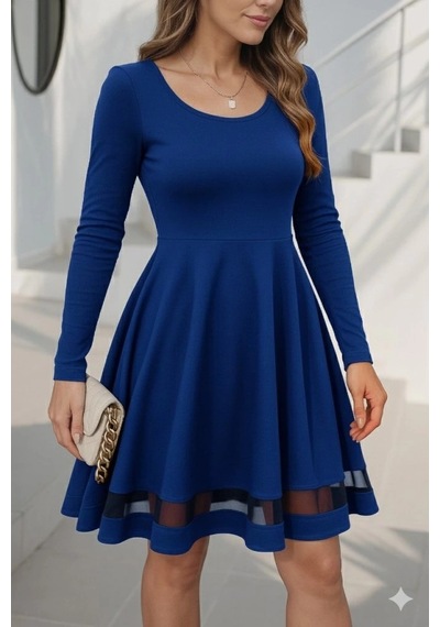 Defymoda Etek Tül Detay Krep Elbise Saks Mavi
