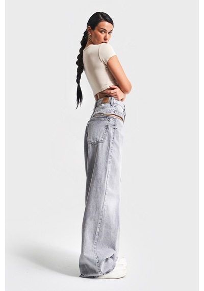 Itsbasic Kadın Gri Renk 4s5-12 Palazzo Fit Bol Kesim %100 Koton Fermuar Detaylı Tasarım Denim Jean