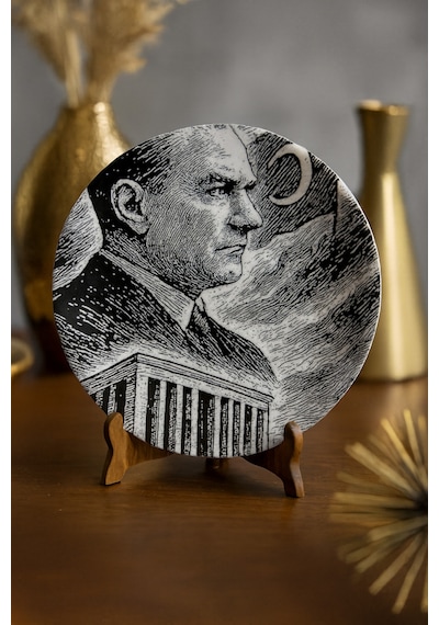Grandora Atatürk Dekoratif Servis Tabağı - Mustafa Kemal Atatürk Portreli Dekoratif Tabak 27 Cm Siyah-beyaz