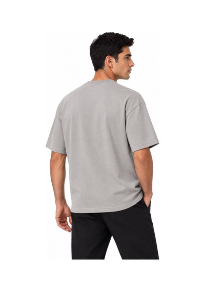 Genel Markalar Unisex Yarım Oversize Bisiklet Yaka Pamuklu Baskılı Tişört Gri
