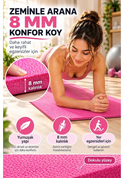 Pembe Pilates Yoga Matı Dokulu Egzersiz Fitness Minderi Evde Spor Ve Esneme Minderi 170x56 Cm 8 Mm Çok Renkli