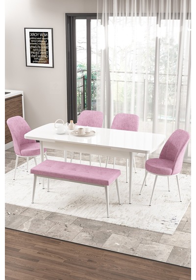 Canisa Concept Zen Serisi 80x132 Mdf Açılabilir Beyaz Masa Takımı 4 Pembe Sandalye Ve 1 Bench Masa Beyaz Sandalye Ve Bench Pembe