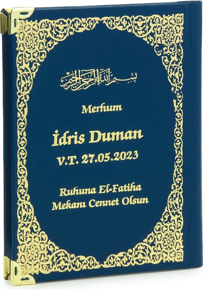 50 Adet İsim Baskılı Vav Desenli Yaldızlı Deri Ciltli Çanta Boy Yasin Kitabı Mevlüt Hediyesi 128 Sayfa Mavi