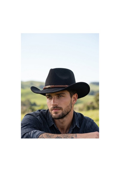 Gigi Luxe Erkek Siyah Western Kovboy Şapkası Örgü Deri Bantlı Cowboy Hat Siyah Siyah