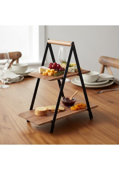 2 Katlı Akasya Ahşap Sunum Standı - Silikon Kaplamalı Siyah Metal Gövdeli Meyvelik Kurabiyelik Kahve Köşesi Ve Mutfak Banyo Düzenleyici Organizer 16 X 26.5 X 34 Cm Çok Renkli