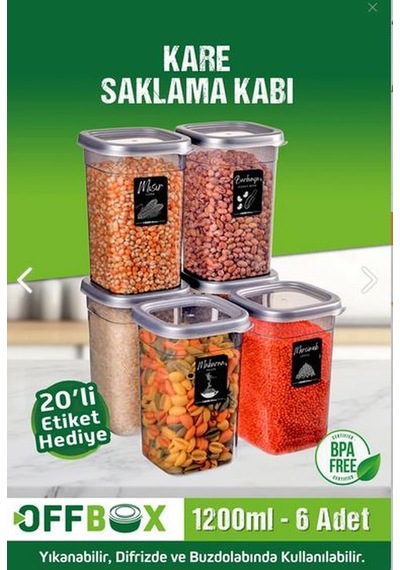 Offbox 6 Lı 12 Parça 1,2 Litre Kare Erzak Saklama Kutusu Takımı 20 Etiketli Baharatlık Diğer