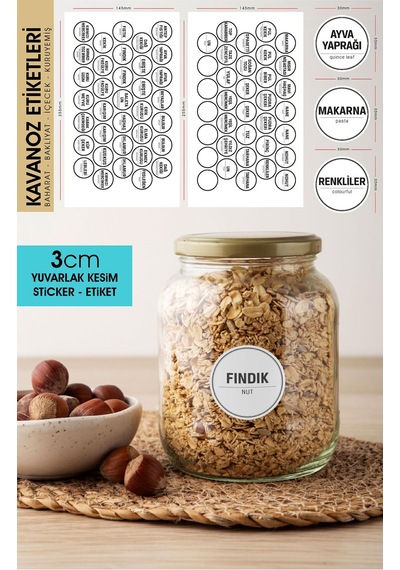 Beyaz Yuvarlak Kesim Baharat, Bakliyat Etiket Modeli V2 - 3cm - 70 Adet Folyo Sticker Siyah