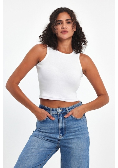 Comeor Kadın Siyah-gri-beyaz-lacivert Fitilli Görünümlü Askılı Kalın Esnek Örme 4'lü Basic Crop Atlet Bluz