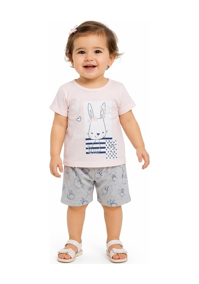İrem Çocuk Giyim Kız Bebek Tavşan Desenli Taytlı İkili Takım Pembe