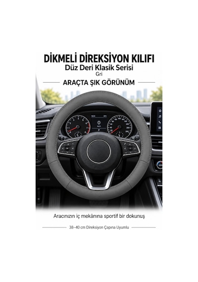 Trobus Renault Kangoo 2024 Ve Sonrası Uyumlu Dikmeli Direksiyon Kılıfı Düz Deri Klasik Gri