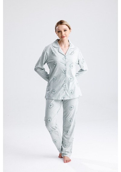 Yeni İnci Ayıcık Desen Pamuk Kadın Pijama Takım Yeşil