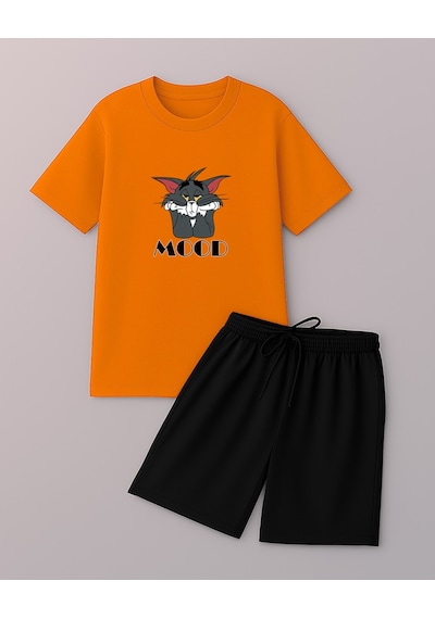 Uyguntarz Unisex Mood Baskılı Tasarım Şort Takım Turuncu