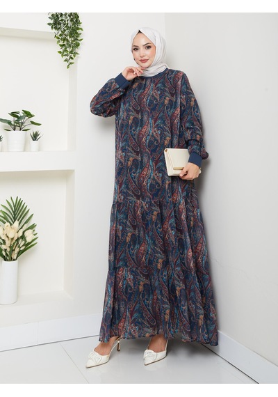 Hb Harma Time Butik Kadın Astarlı Lacivert Şifon Şal Desen Elbise