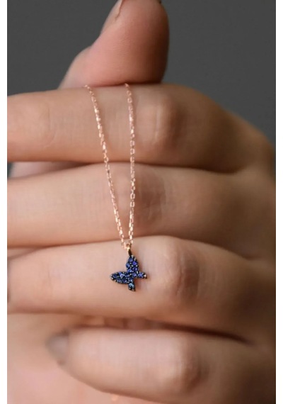 925 Ayar Papatya Silver Doğum Taşlı Mini Kelebek Kolye.rose.gold.rodaj Gümüş