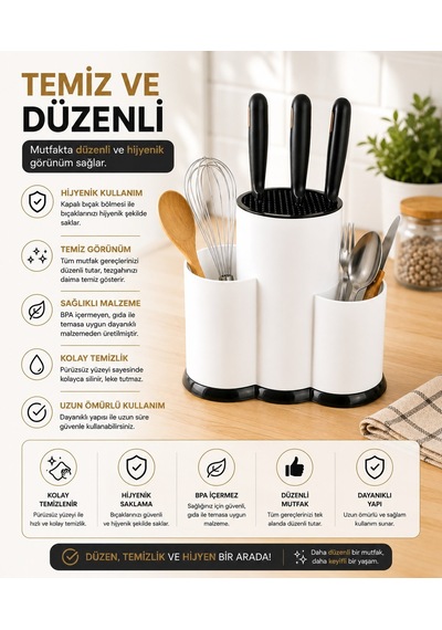 Sas Haus Tezgah Üstü Bölmeli Bıçaklık - Kaşık Kepçe Bıçak Standı Mutfak Düzenleyici Organizer Kaşıklık Beyaz S-10137