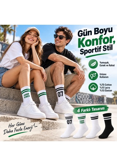 Çorap Giyim Unisex Çorap Çizgili 8'li Set 07 Good Vibes Baskılı Siyah Beyaz Uzun Soket Spor Kolej Stil Çorap Çok Renkli