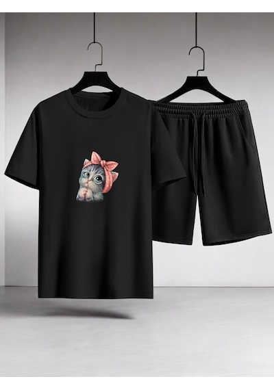 Uyguntarz Unisex Minnoş Tasarım Basklı Tshirt Şort Takımı Siyah