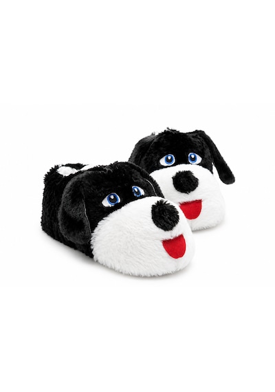 Modafocus Sevimli Köpek Figürlü Sessiz Kaydırmaz Taban Peluş Unisex Ev Pandufu Sevgili Kombin Terliği Siyah