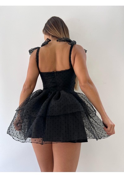 Pink Life Siyah Nokta Baskı Spagetti Lolita Tarzı Cutecore Mini Elbise-siyah
