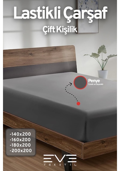 Eve Tekstil Fitted Yüksek Kaliteli Penye Kumaş Çift Kişilik Lastikli Çarşaf Gri