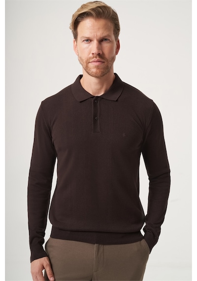İmza Kahverengi Polo Yaka Uzun Kol Örme Comfort Fit Pamuklu Kazak 1012265150