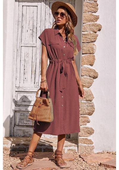 Madmext Kırmızı Gömlek Yaka Uzun Elbise Mg1743 Kırmızı