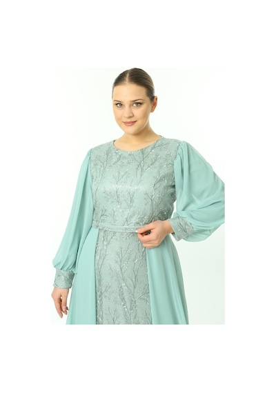 Ladies First Büyük Beden 3704 Küf Yeşili Uzun Abiye Elbise