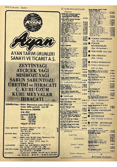 İzmir 1982-1983 Meslek Reklam İlanı Efemera S609