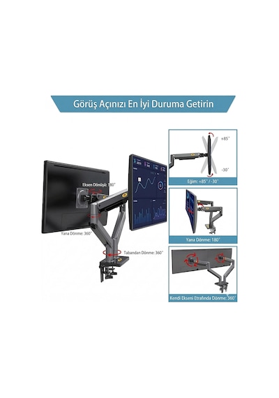Hpy Pazar North Bayou G35 22 32" 2 12 Kg Ekranlar İçin Masaüstü Çift Kollu Amörtisörlü Monitör Tutuc
