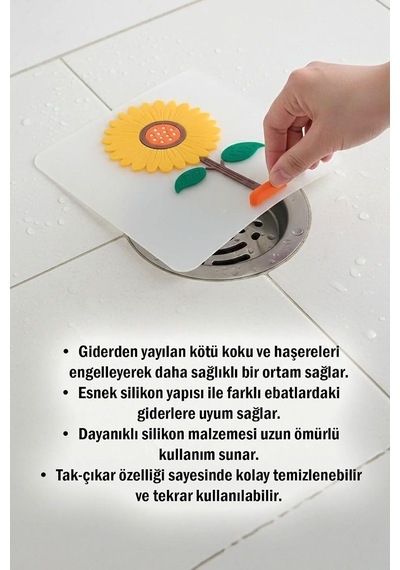 Ayçiçeği Kare Silikon Kötü Koku Önleyici Gider Kapağı Banyo, Mutfak, Balkon Lavabo Tıpası 14,5x14 Şeffaf Sarı