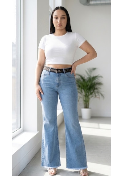 Zanessi Büyük Beden Kemerli Toparlayıcı Bol Paça Denim Kadın Pantolon Mavi