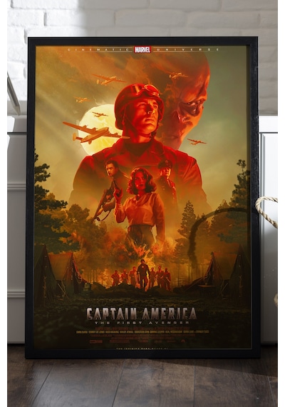 Captain America Siyah Ahşap Çerçeveli Poster, Dekoratif Film Duvar Tablosu