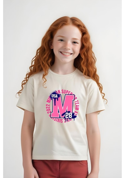 Panios Kids M 28 Baskılı Kız Çocuk Kısa Kollu T-shirt Krem