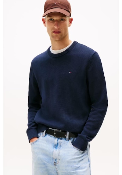 Tommy Hilfiger Erkek Slim Fit Bisiklet Yaka Dokulu Triko Kazak - Lacivert-10253 Dark Night Navy