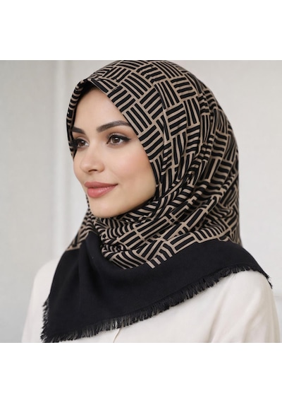 Sinem Emprime Koton Eşarp - Siyah - Karamel-6290 Gri-siyah
