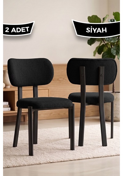 Arlesa Serisi 2 Adet Bukle Kumaş Siyah Metal İskeletli Mutfak Sandalyesi Siyah - Siyah