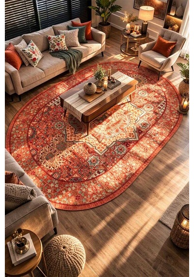 Frenda Home Vintage Desen Pamuk Taban Baskılı Yıkanabilir Oval Halı Kırmızı