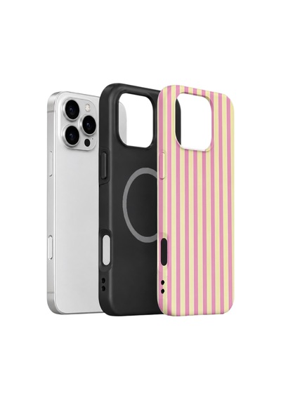 Apple iPhone Uyumlu 16 Pro Vorian Çift Katmanlı Kılıf Pink Lemon Pinstripe