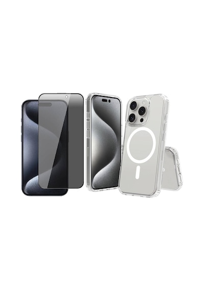 Vendas Apple Uyumlu iPhone 14 Pro Max Kılıf M-safe Şarj Özellikli Şeffaf Sert Pc Zore Embos Kapak + Hayalet Ekran Koruyucu Şeffaf