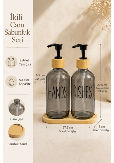 Relly Bambu Standlı İkili Cam Sabunluk Seti 2 X 500 Ml Hands & Dıshes Gri