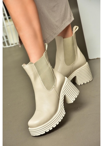 Fox Shoes R996020009 Bej Kalın Topuklu Kadın Bot Bej