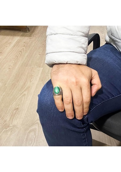 925 Ayar Katı Gümüş Erkek Yüzük, El Yapımı Malakit Taş Yüzük Gümüş