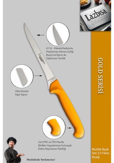 Lazbisa Mtf-057 Gold Incisive Serisi Balık Fileto Bıçağı Et Steak Bıçak Mutfak Bıçak Sarı