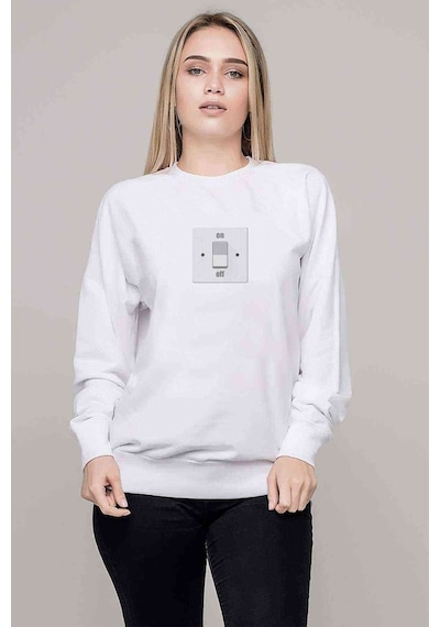 Turn Off Baskılı Beyaz Kadın Sweatshirt