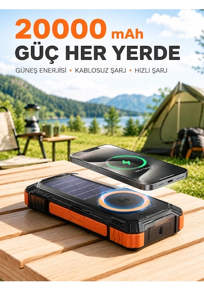 20000 Mah Powerbank Güneş Enerjili Kablosuz Şarj Hızlı Şarj Taşınabilir Batarya Antrasit Melanj 72022450